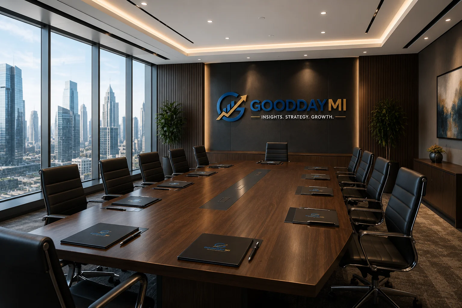 Modern executive boardroom prepared for a leadership strategy and annual planning session