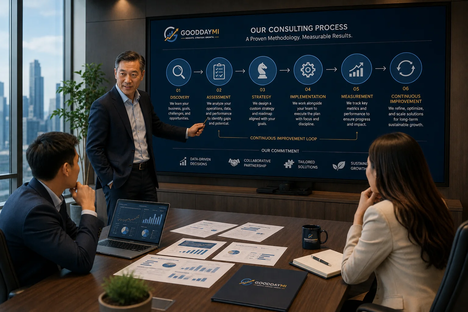 Consultants and business leaders reviewing the stages of a structured management consulting engagement