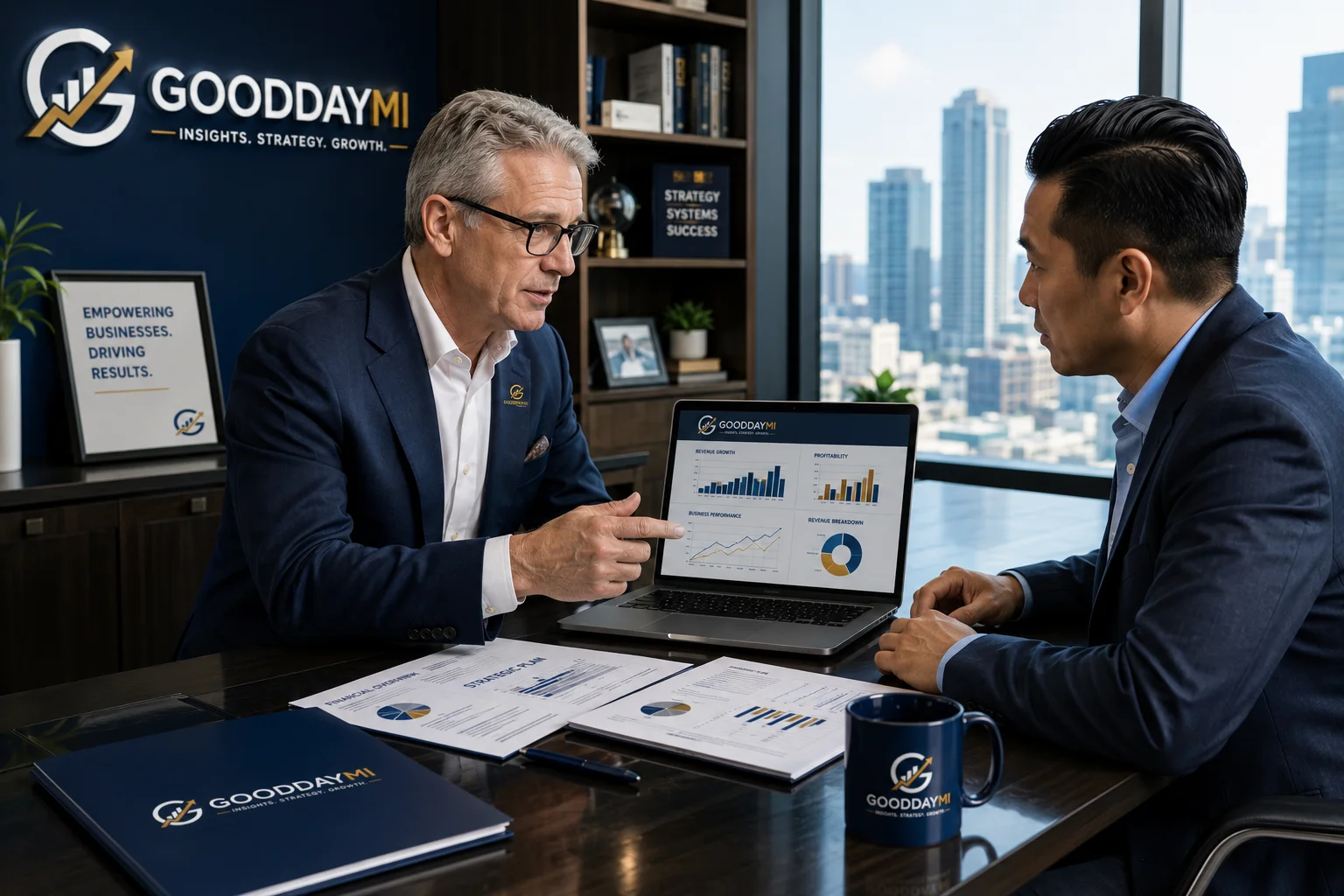 Senior business leaders receiving confidential strategic guidance during a GooddayMI executive advisory meeting