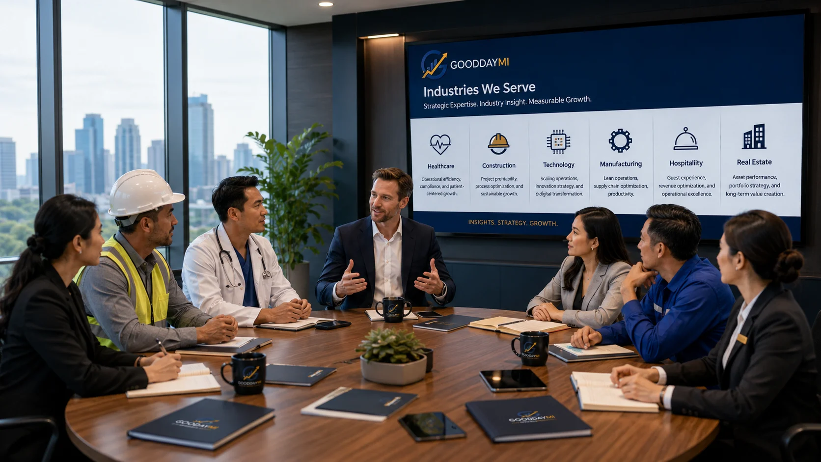 Executive professionals from healthcare, construction, technology, manufacturing, hospitality, and real estate meeting with a consultant