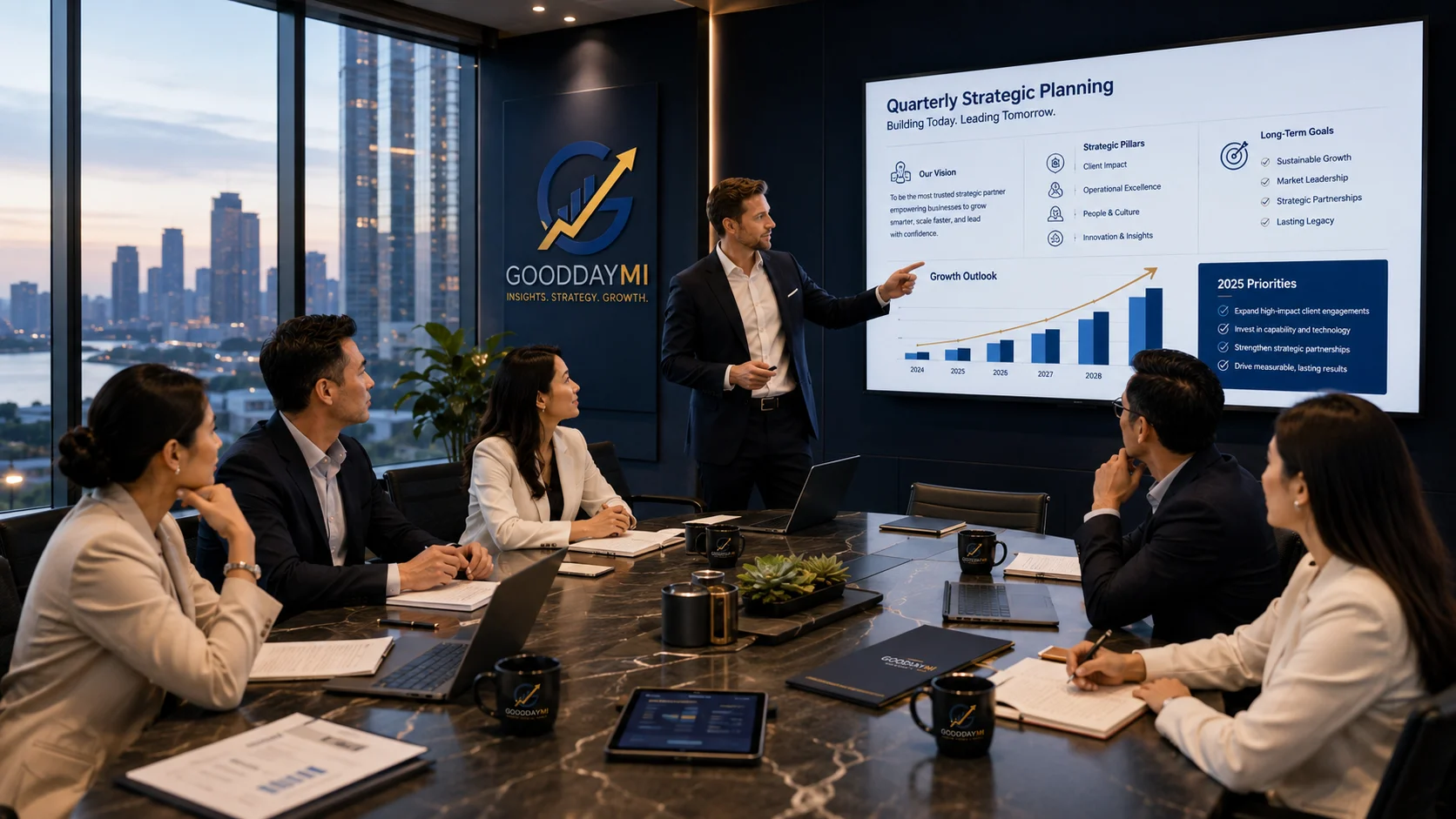 Executive leadership team conducting quarterly and long-term strategic planning in a professional boardroom