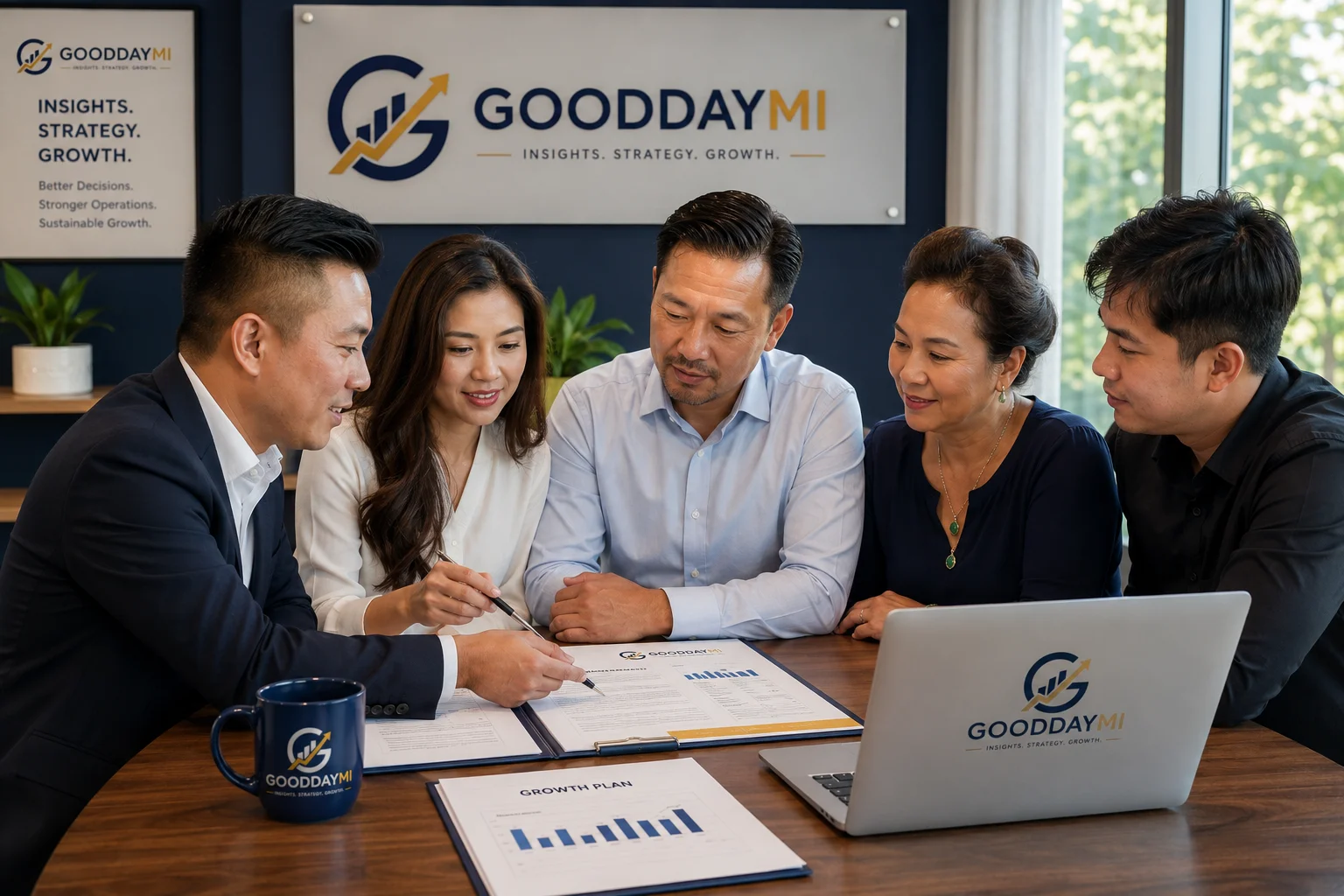 Vietnamese business professionals participating in a collaborative advisory meeting with GooddayMI
